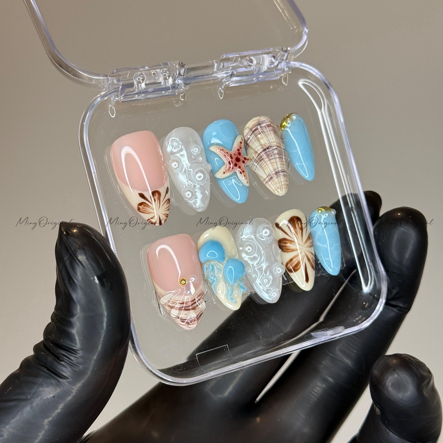 Sandy Shores beach theme press on nails, seashell and starfish, blue ocean pearl jellyfish coastal summer tropical vacation nails, MO520