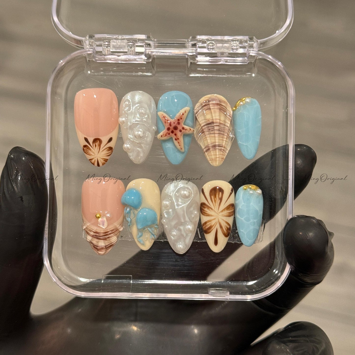 Sandy Shores beach theme press on nails, seashell and starfish, blue ocean pearl jellyfish coastal summer tropical vacation nails, MO520