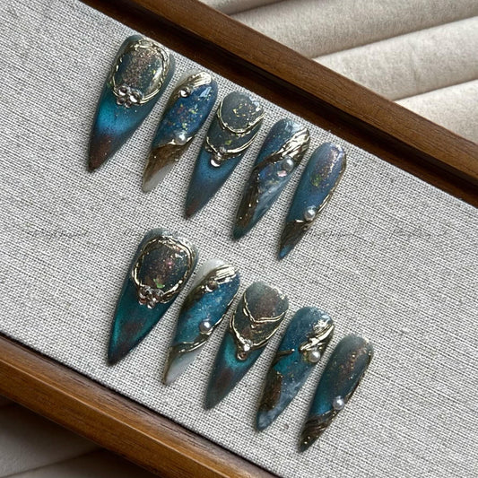 Midnight Tide cat eye color shifting mystery galaxy press on nails, gold chrome accents, cosmic shimmer design,deep universe aesthetic,MO521