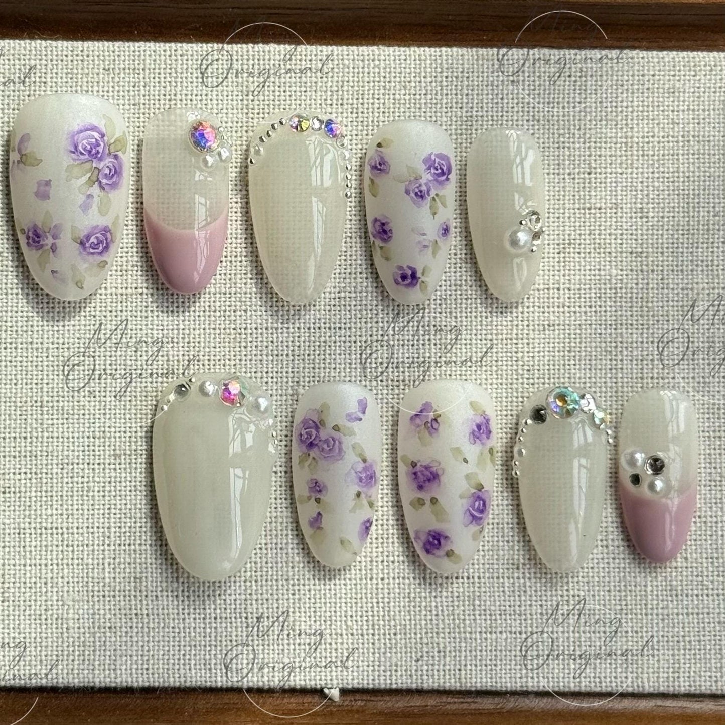 Lavender Garden Press on nails with purple rose nail art, sheer milky base, pearl and AB rhinestone, romantic floral gift for her,MO492