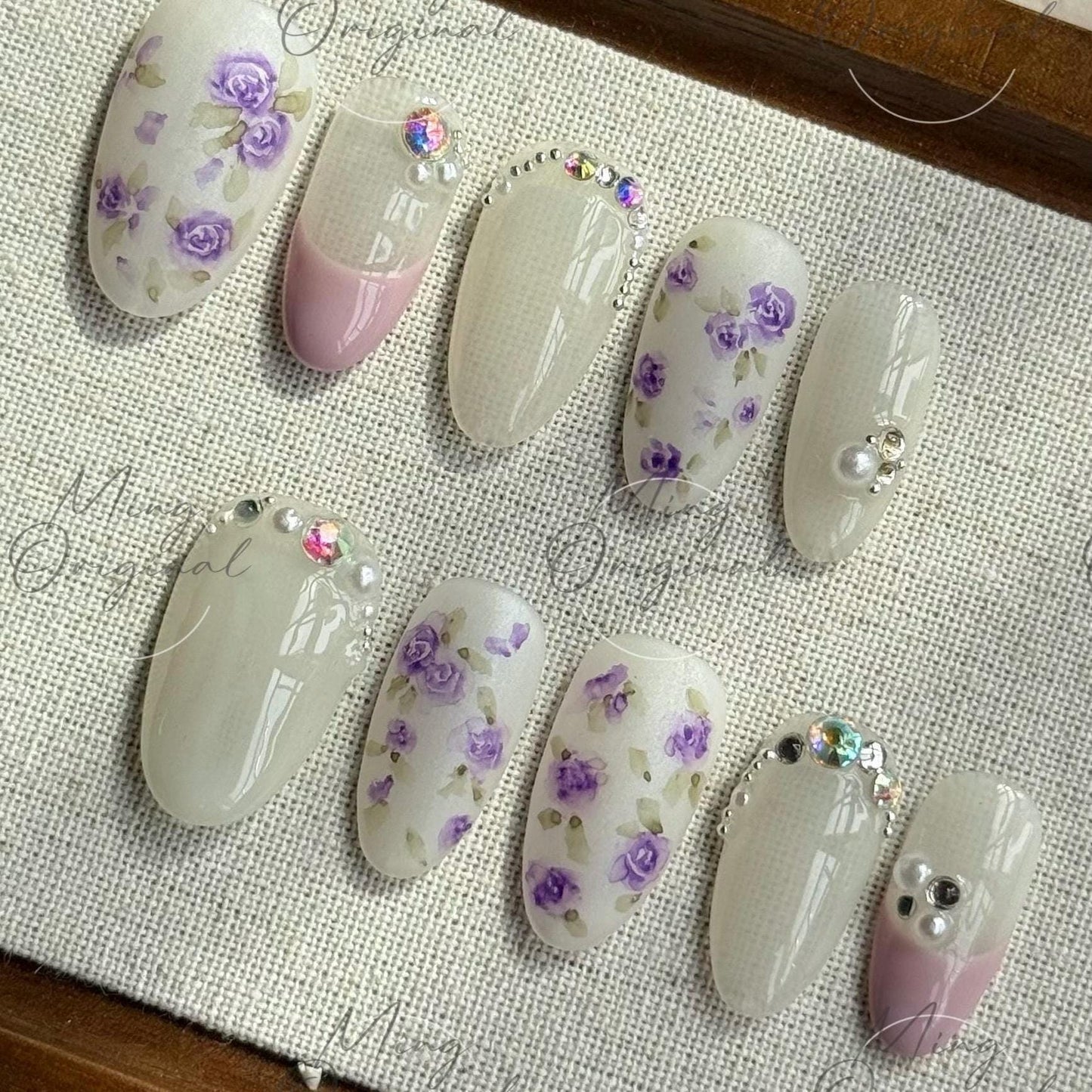 Lavender Garden Press on nails with purple rose nail art, sheer milky base, pearl and AB rhinestone, romantic floral gift for her,MO492