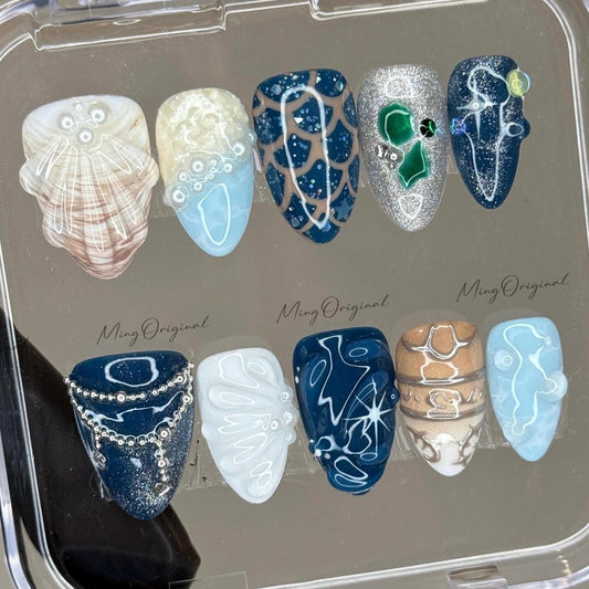 Ocean Inspired Mermaid Press On Nails, 3D Seashell and Pearl Design, Handmade Summer Beach Nail Art, vacation nails,gift for her MO524