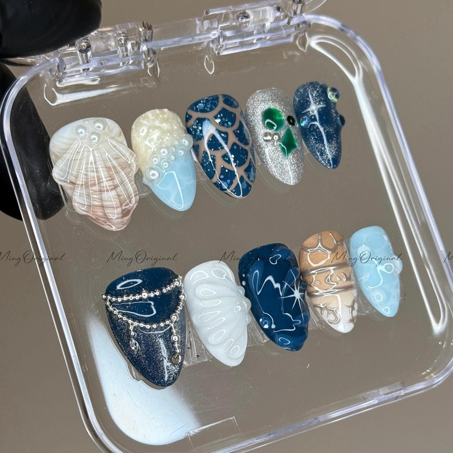 Ocean Inspired Mermaid Press On Nails, 3D Seashell and Pearl Design, Handmade Summer Beach Nail Art, vacation nails,gift for her MO524
