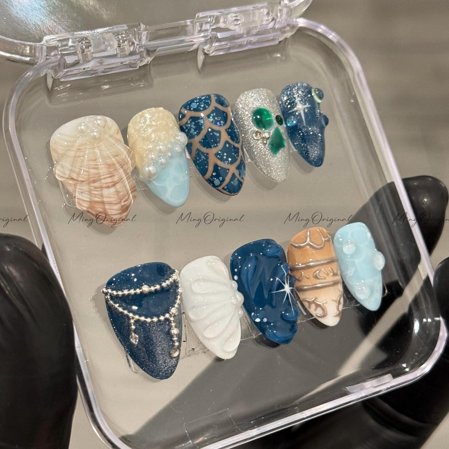 Ocean Inspired Mermaid Press On Nails, 3D Seashell and Pearl Design, Handmade Summer Beach Nail Art, vacation nails,gift for her MO524
