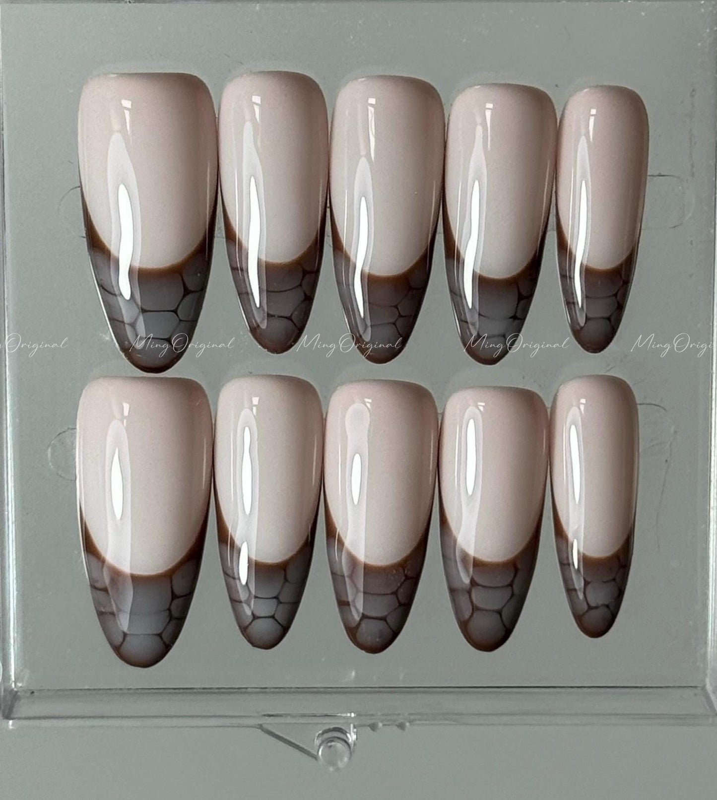 Croc Bloom press on nail, nude base, blooming crocodile French tips, animal print press on nails,MO493