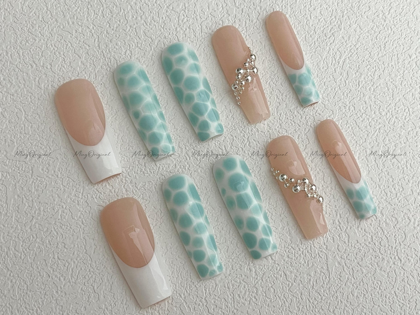 Croc print press on nails, nude French tips with blue crocodile texture, silver chrome charm accent nails, trendy summer beach gift,MO525
