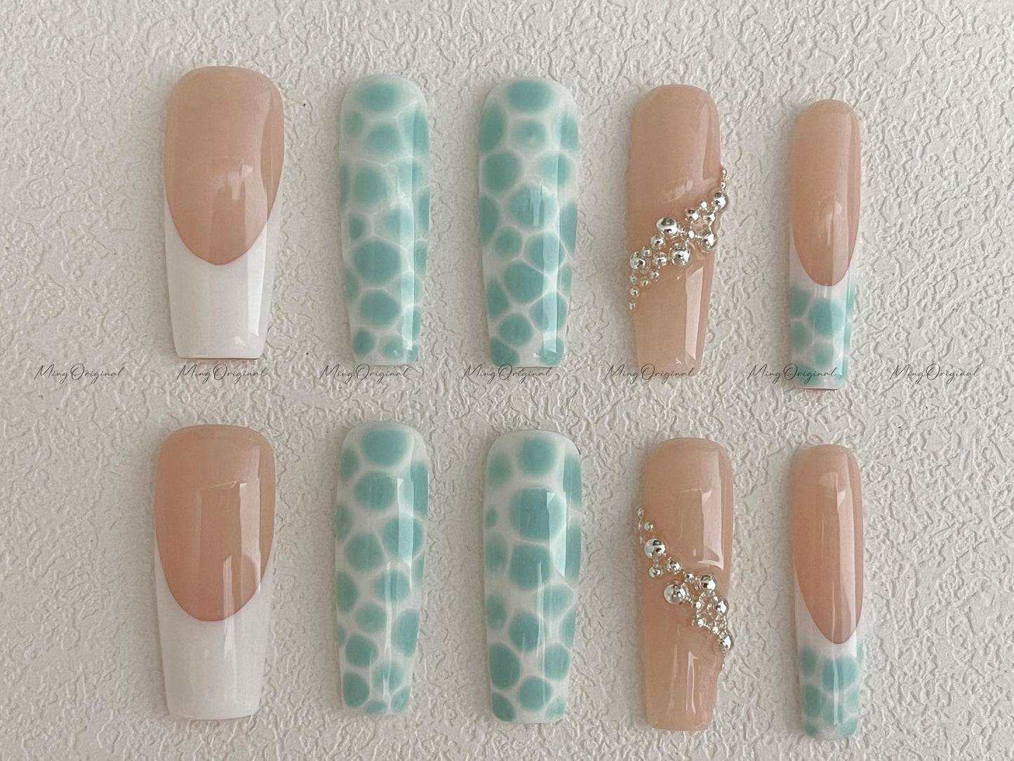 Croc print press on nails, nude French tips with blue crocodile texture, silver chrome charm accent nails, trendy summer beach gift,MO525
