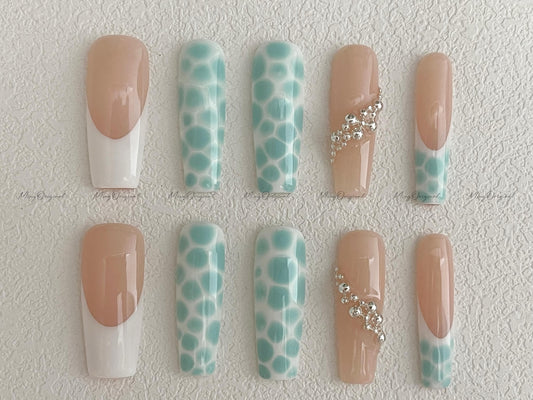 Croc print press on nails, nude French tips with blue crocodile texture, silver chrome charm accent nails, trendy summer beach gift,MO525