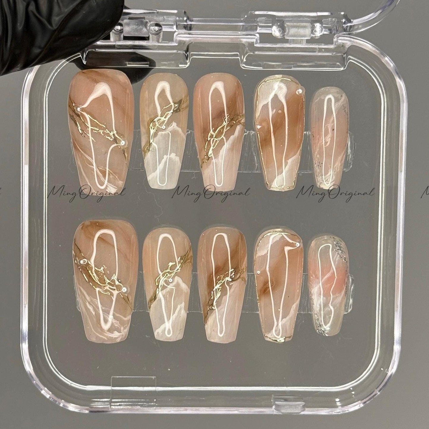 Nude marble press on nails, brown and white swirl nails with gold chrome line art and pearl detail, neutral abstract handmade nail MO526
