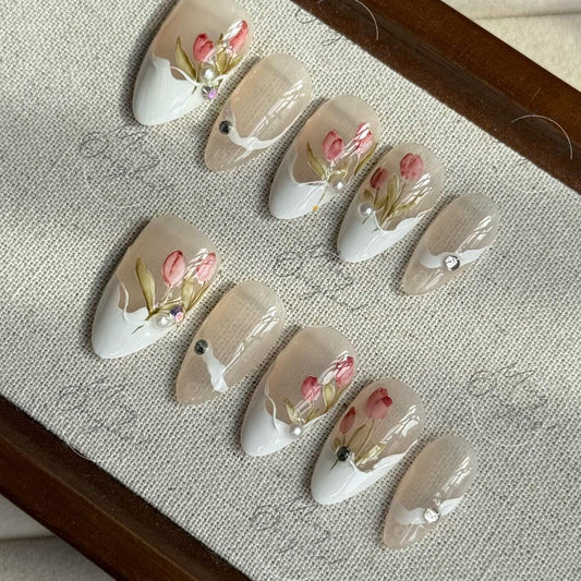 Still Bloom Watercolor Tulip press on nails, hand painted flower French tips, pearl detail, floral art wedding nails, gift for her, MO495