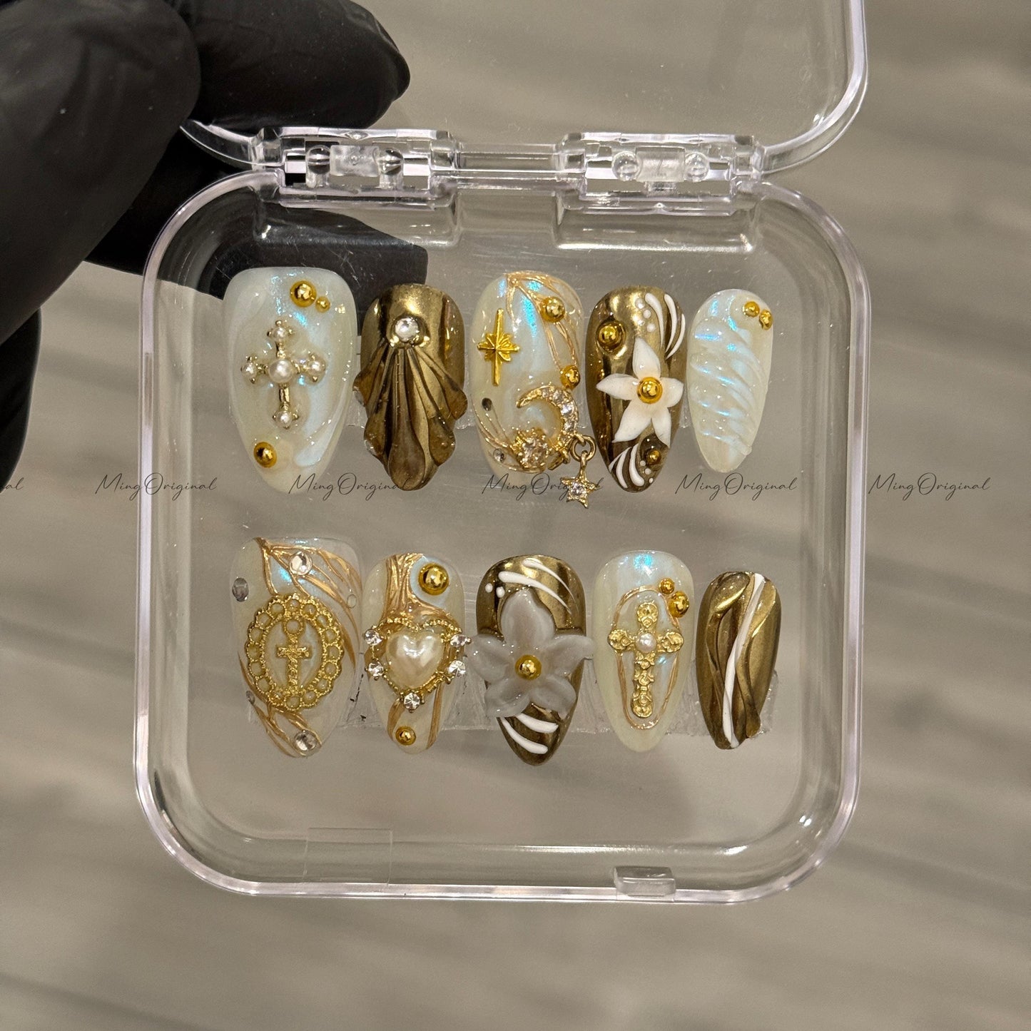 Gold chrome press on nails, 3D cross moon star charms with pearl and flower accents, luxury celestial handmade nails, gift for her, MO528