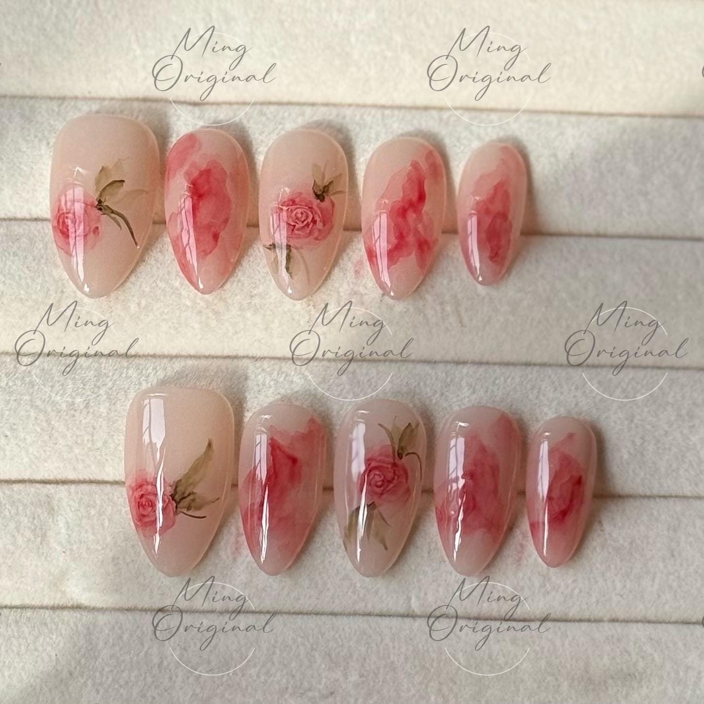 Water color Red Rose Flower art nail, premium salon Press on Nail, Handmade gel Nails, hand painted wedding bridal  floral nail, MO496