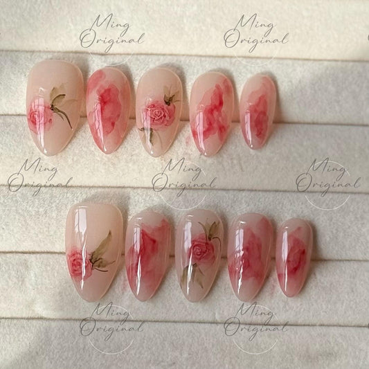 Water color Red Rose Flower art nail, premium salon Press on Nail, Handmade gel Nails, hand painted wedding bridal  floral nail, MO496