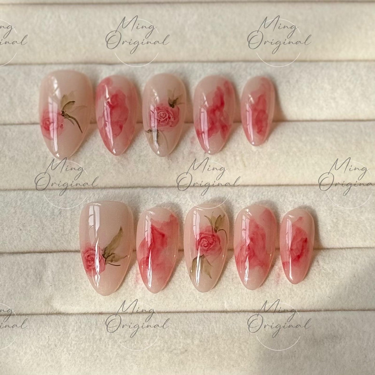 Water color Red Rose Flower art nail, premium salon Press on Nail, Handmade gel Nails, hand painted wedding bridal  floral nail, MO496