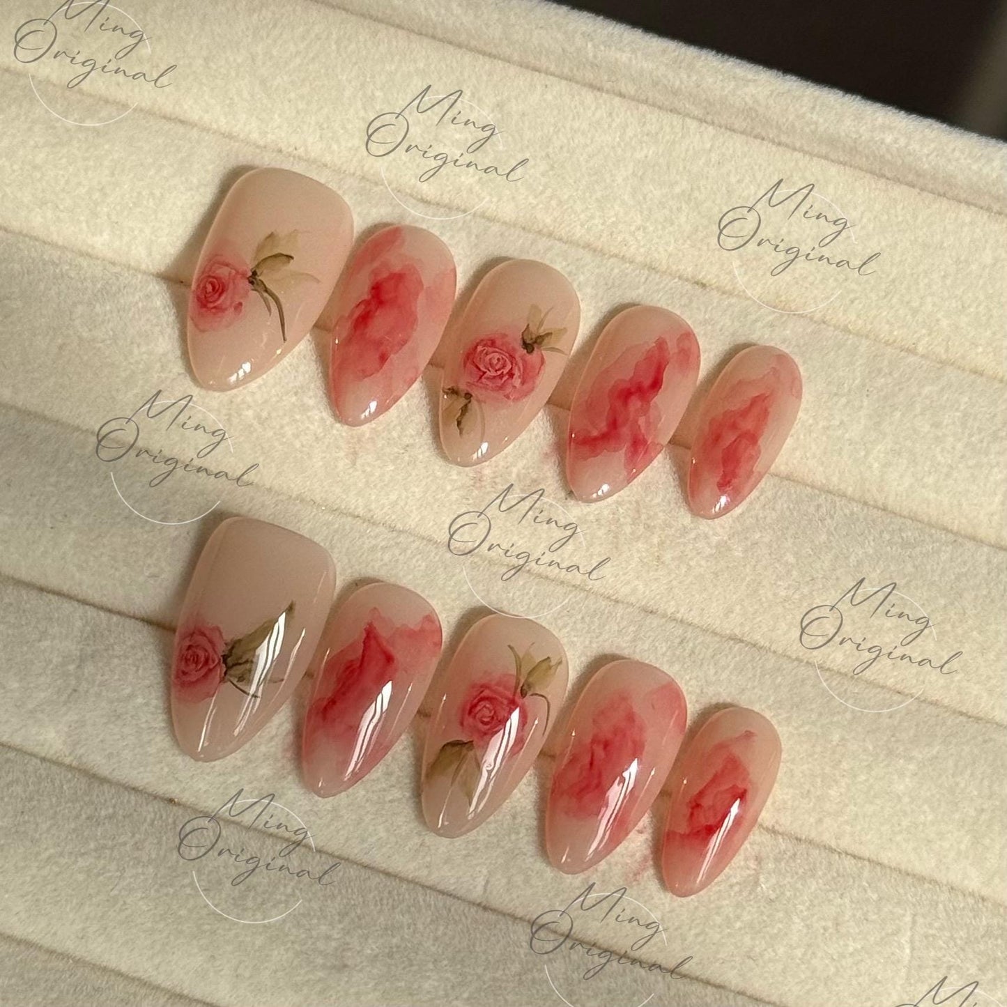 Water color Red Rose Flower art nail, premium salon Press on Nail, Handmade gel Nails, hand painted wedding bridal  floral nail, MO496