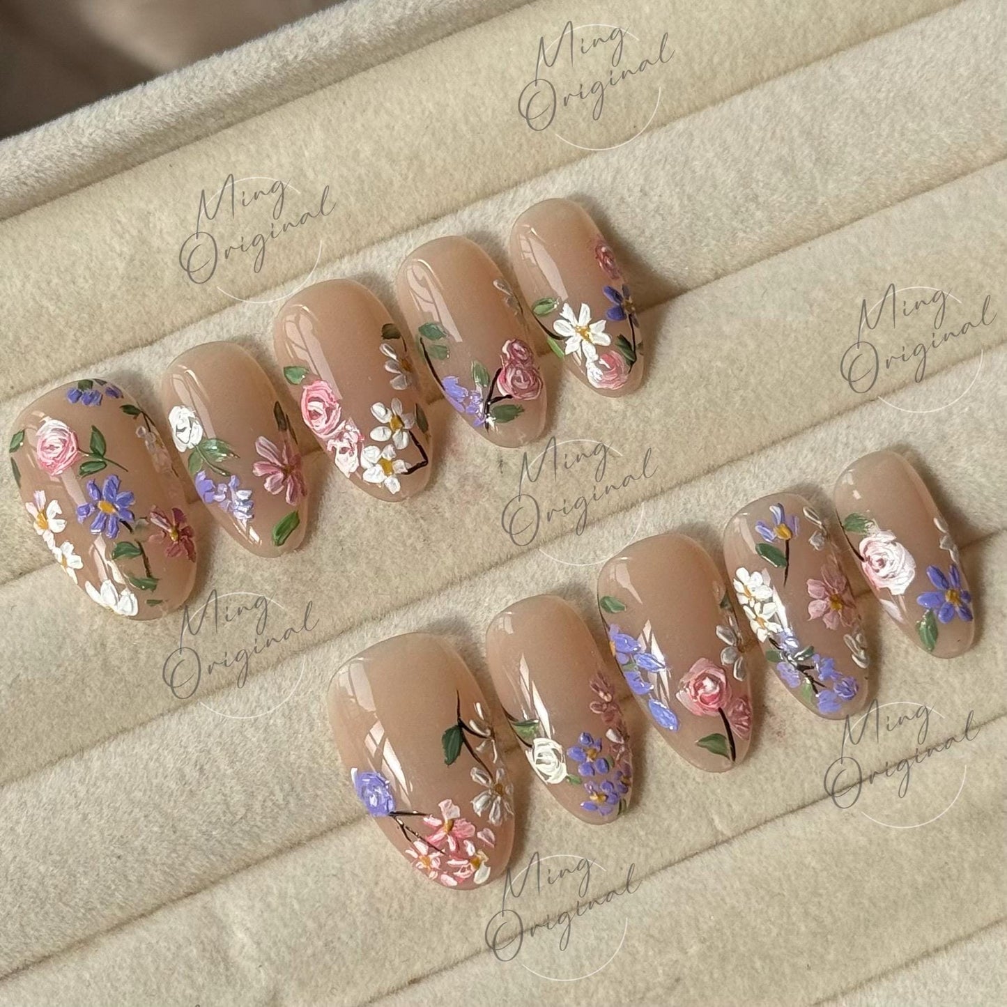 Blooming wild little daisy flower Press on Nails, handpainted oil painting style floral Nails, Handmade Gel Nails, bridal wedding nail,MO497