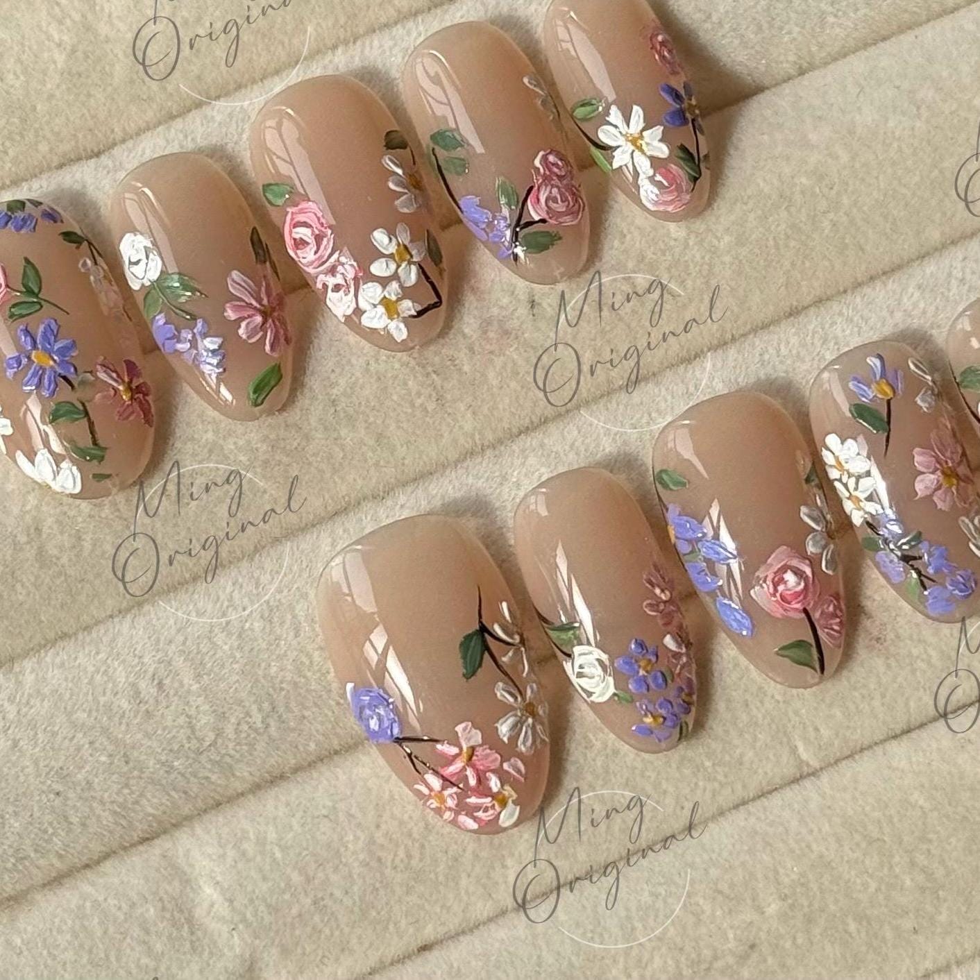 Blooming wild little daisy flower Press on Nails, handpainted oil painting style floral Nails, Handmade Gel Nails, bridal wedding nail,MO497