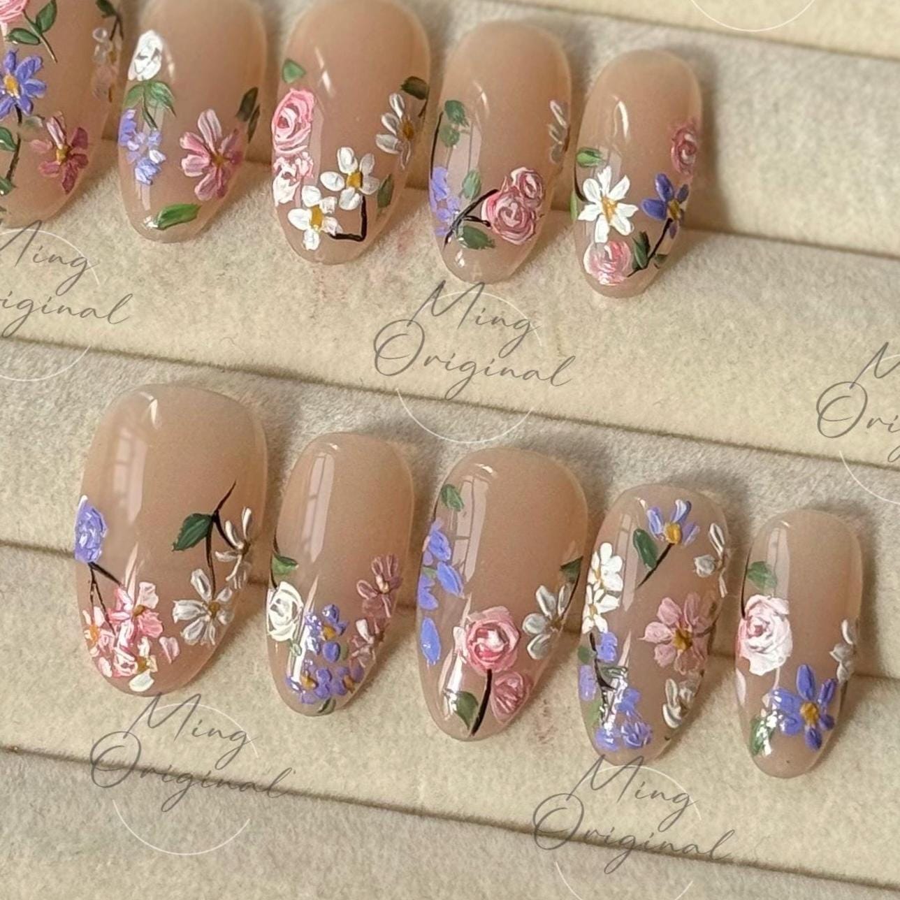 Blooming wild little daisy flower Press on Nails, handpainted oil painting style floral Nails, Handmade Gel Nails, bridal wedding nail,MO497
