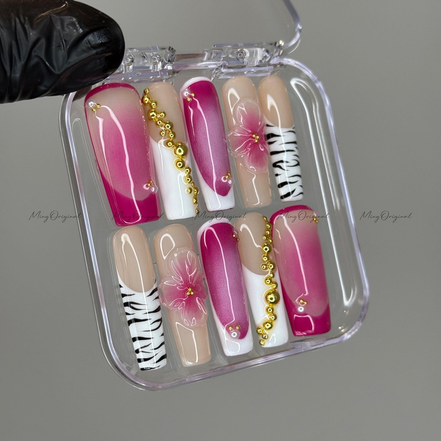 3D Pink Ombre Flower Zebra Print Gradient Fade Pink Press on Nails, Gold Decor Baby BoomerFake nails, Jelly Nails, gift for her, MO499
