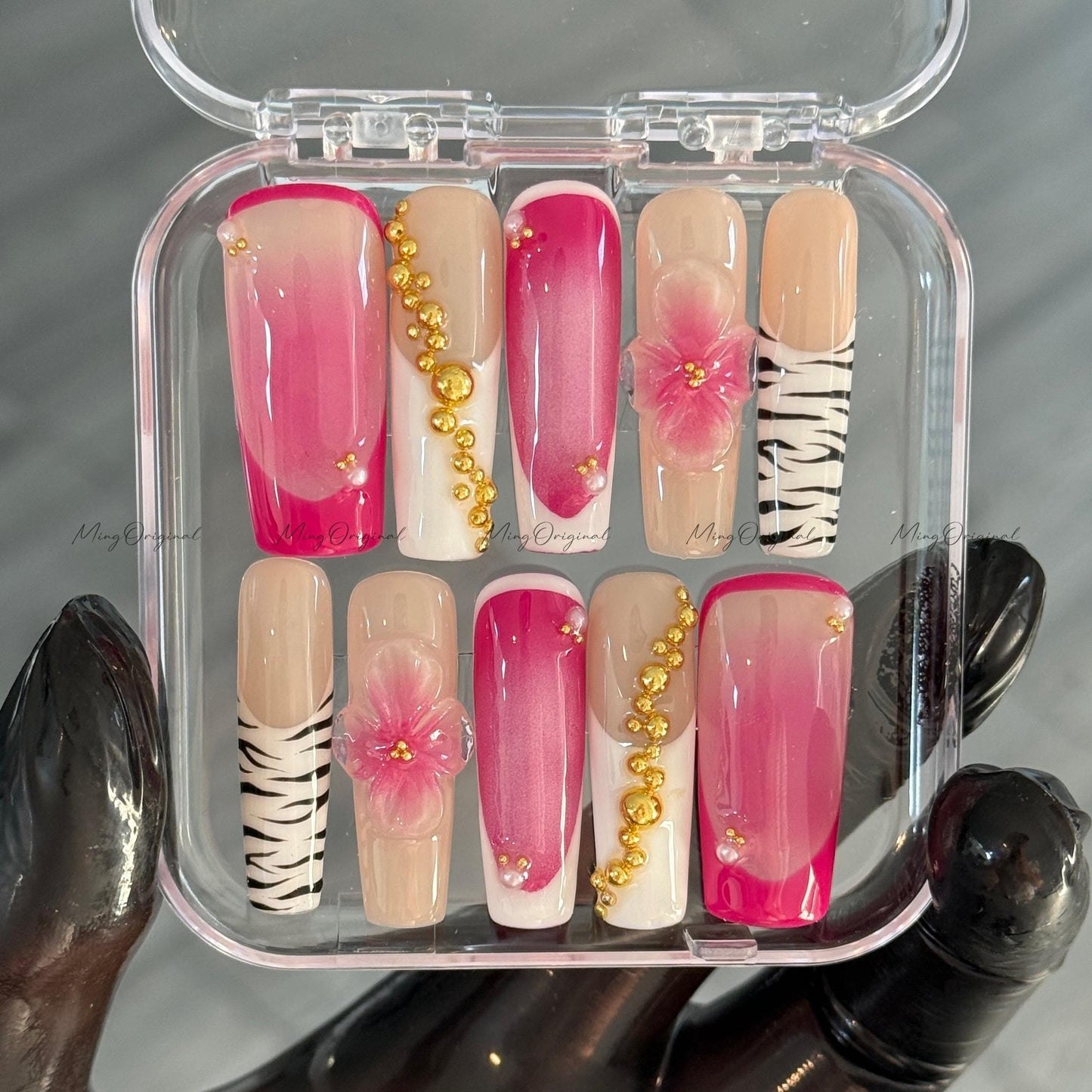 3D Pink Ombre Flower Zebra Print Gradient Fade Pink Press on Nails, Gold Decor Baby BoomerFake nails, Jelly Nails, gift for her, MO499