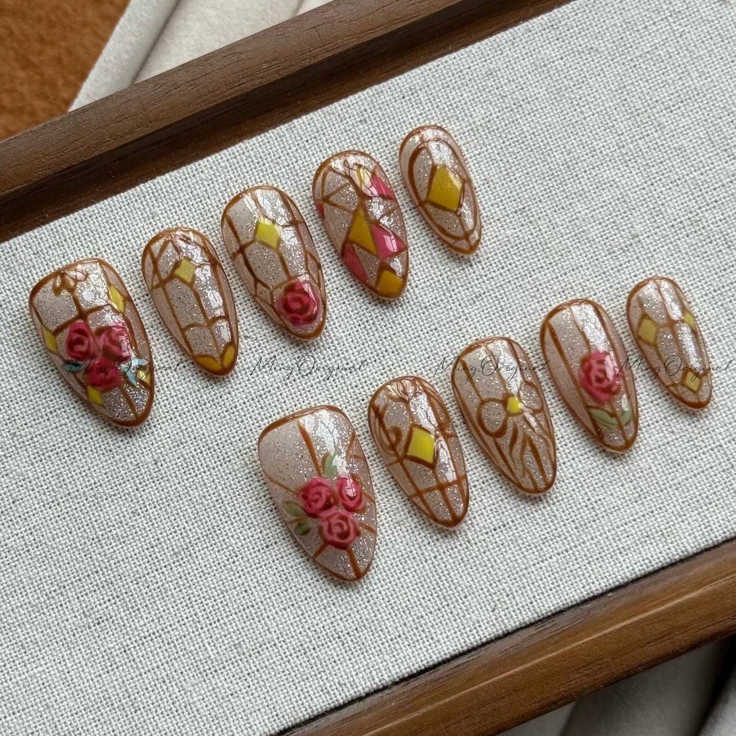 Stained Glass Window Free style Glitter Water Color press on nails, Rose and Coquette, hand painted flower nail, gift for mother, MO502