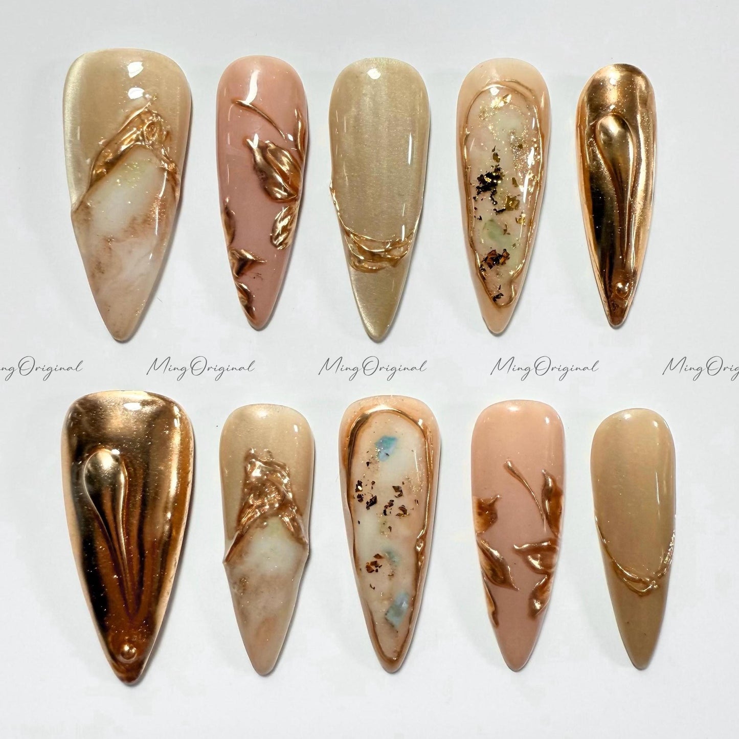 Gold Goddess press on nail, free style blooming art nail, hand paint gold flower, nude jelly fake nail, birthday gift for her,MO529