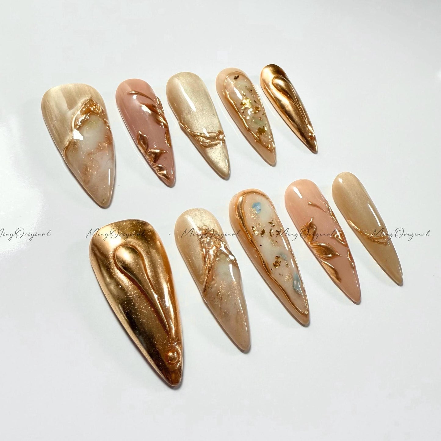 Gold Goddess press on nail, free style blooming art nail, hand paint gold flower, nude jelly fake nail, birthday gift for her,MO529