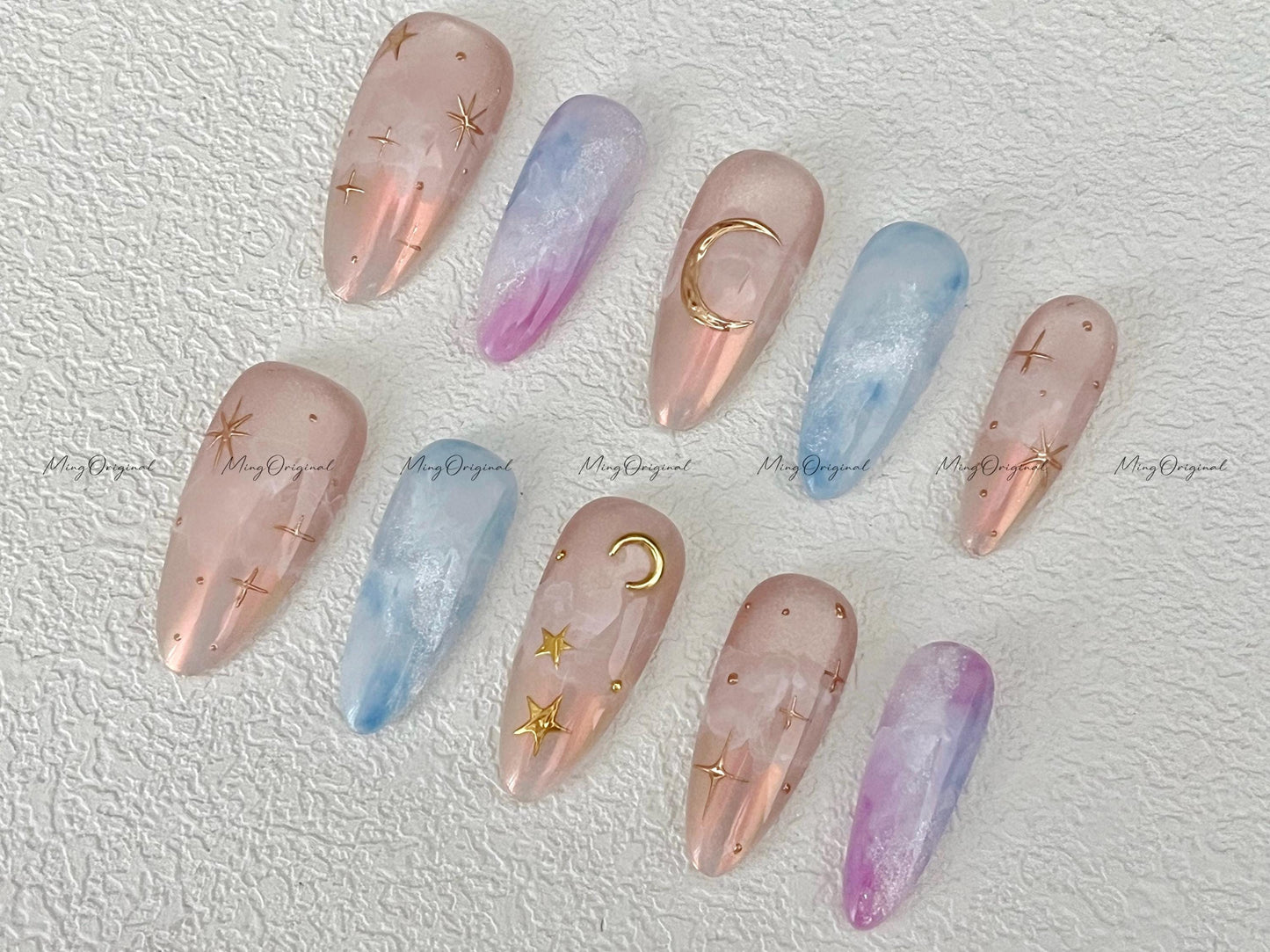 Celestial Bloom dreamy cloud press on nails, pink blue shimmer nails, moon and star ethereal celestial nails, handmade galaxy nail,MO503