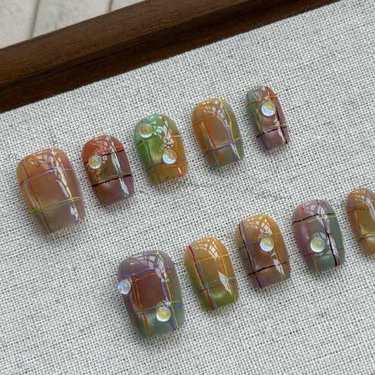Rainbow plaid pattern press on nails blanket inspired, Plaid press on nails, multicolor line art on matte neutral base, retro nail art,MO531