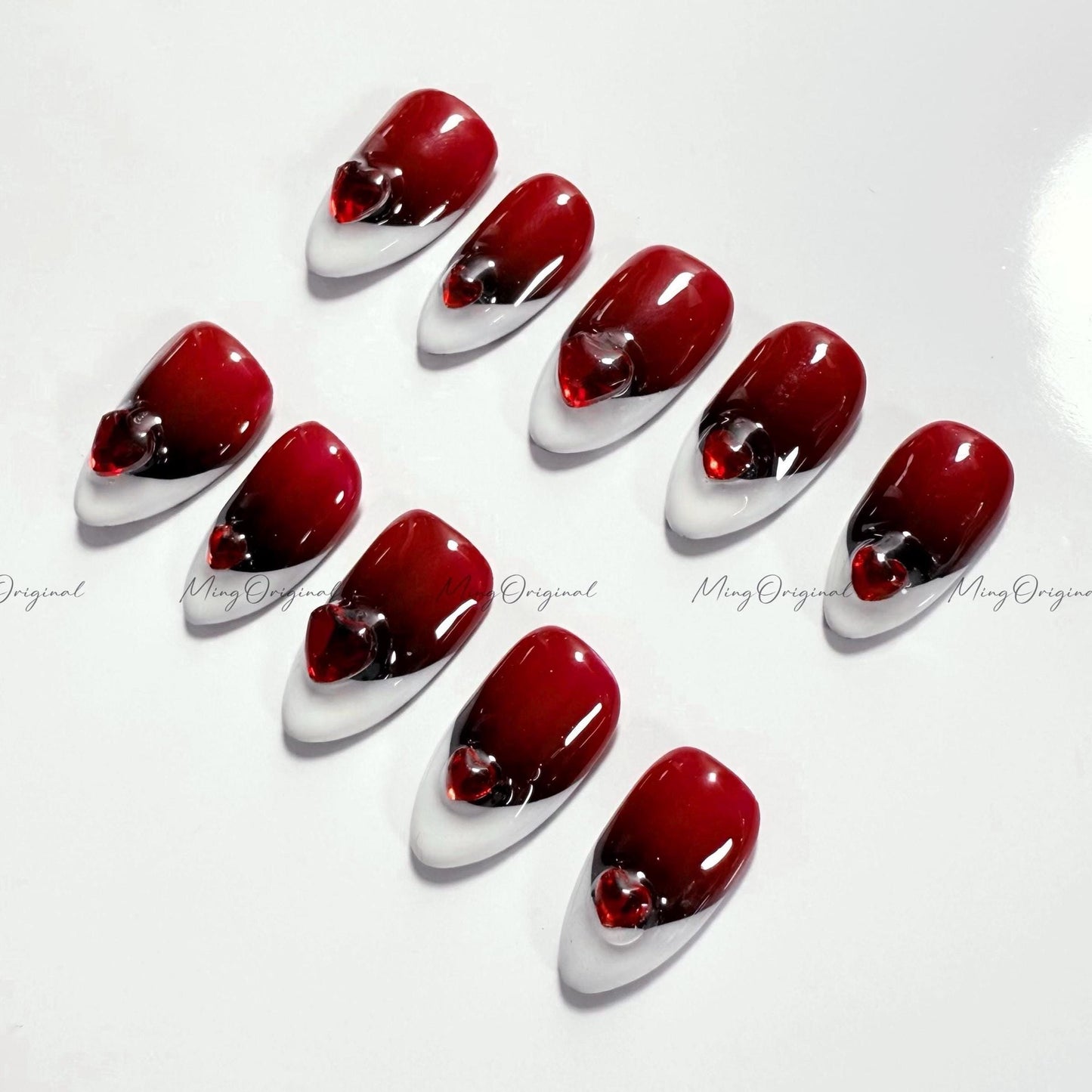 French tip press on nail, wine red 3d heart nail, abstract French nail, medium almond, classy French design, gift for her, MO532