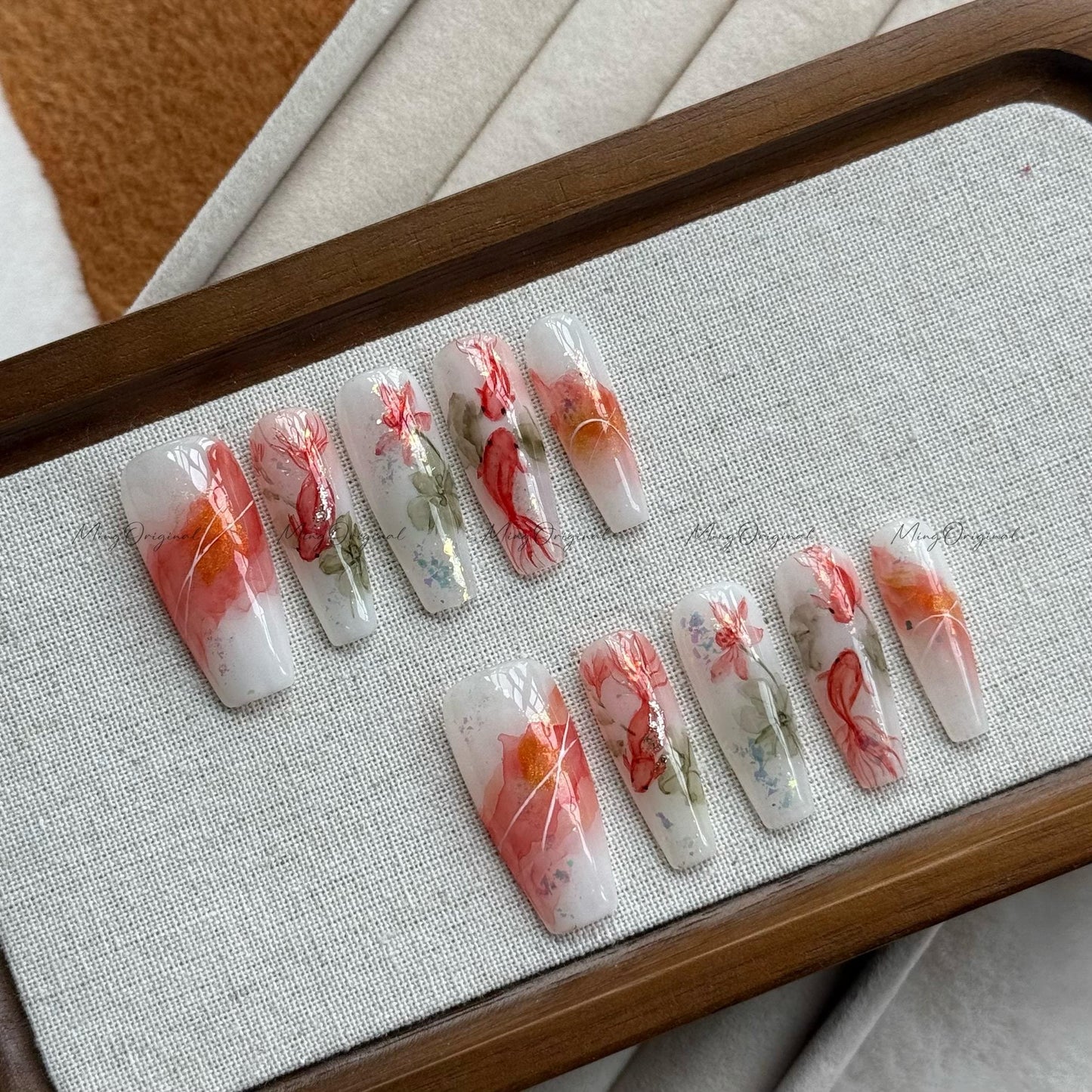 Lucky Red Koi Fish Press On Nails, Hand-painted water color goldfish nail art, reusable summer aquarium nails,Vacation gift MO505