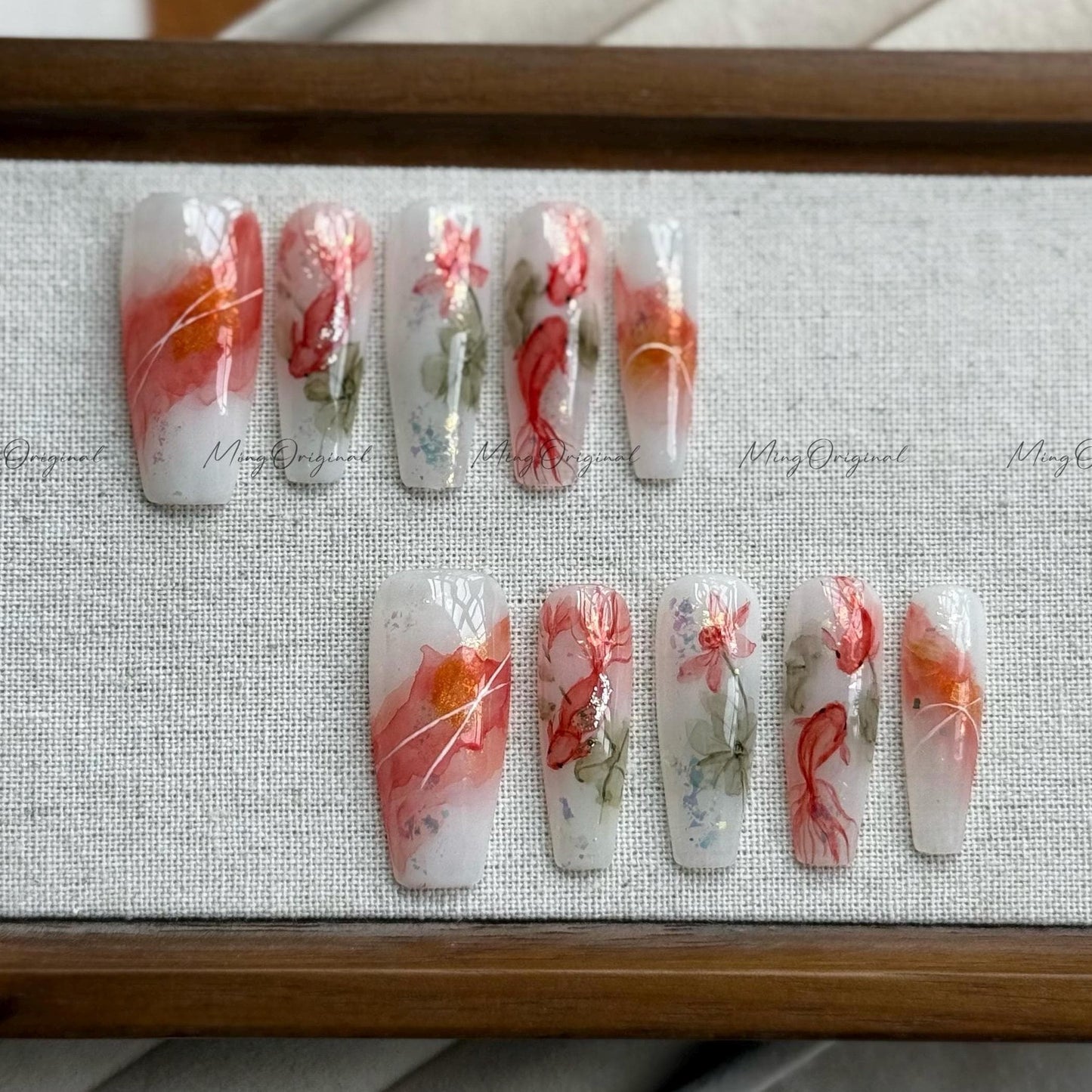 Lucky Red Koi Fish Press On Nails, Hand-painted water color goldfish nail art, reusable summer aquarium nails,Vacation gift MO505