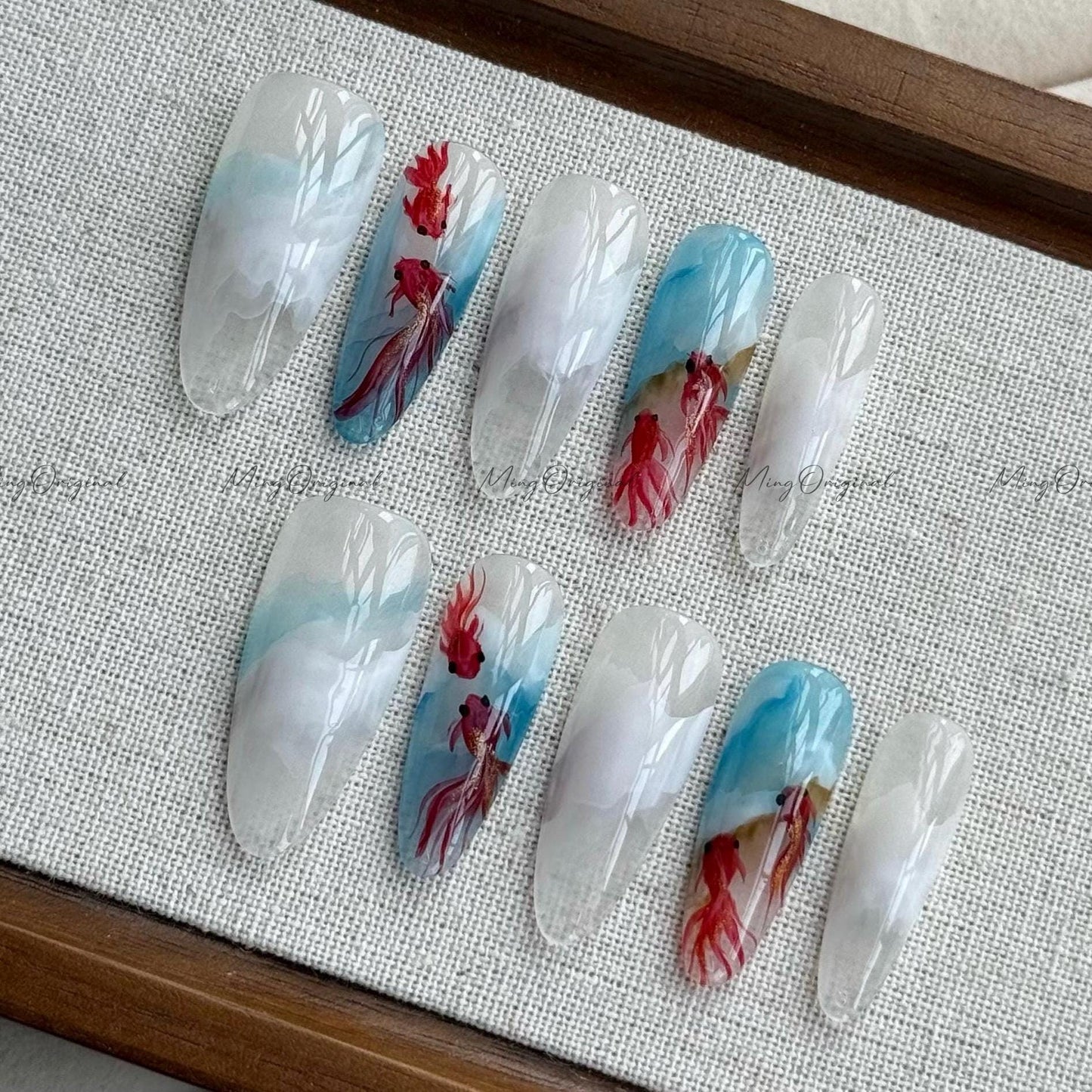 Lucky Koi Fish in the Water Press On Nails, Hand-painted water color goldfish nail art, reusable summer aquarium nails,Vacation gift MO506