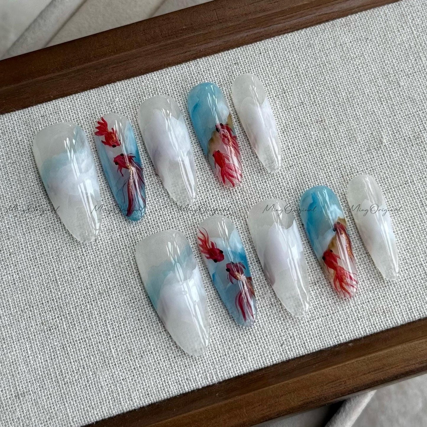 Lucky Koi Fish in the Water Press On Nails, Hand-painted water color goldfish nail art, reusable summer aquarium nails,Vacation gift MO506