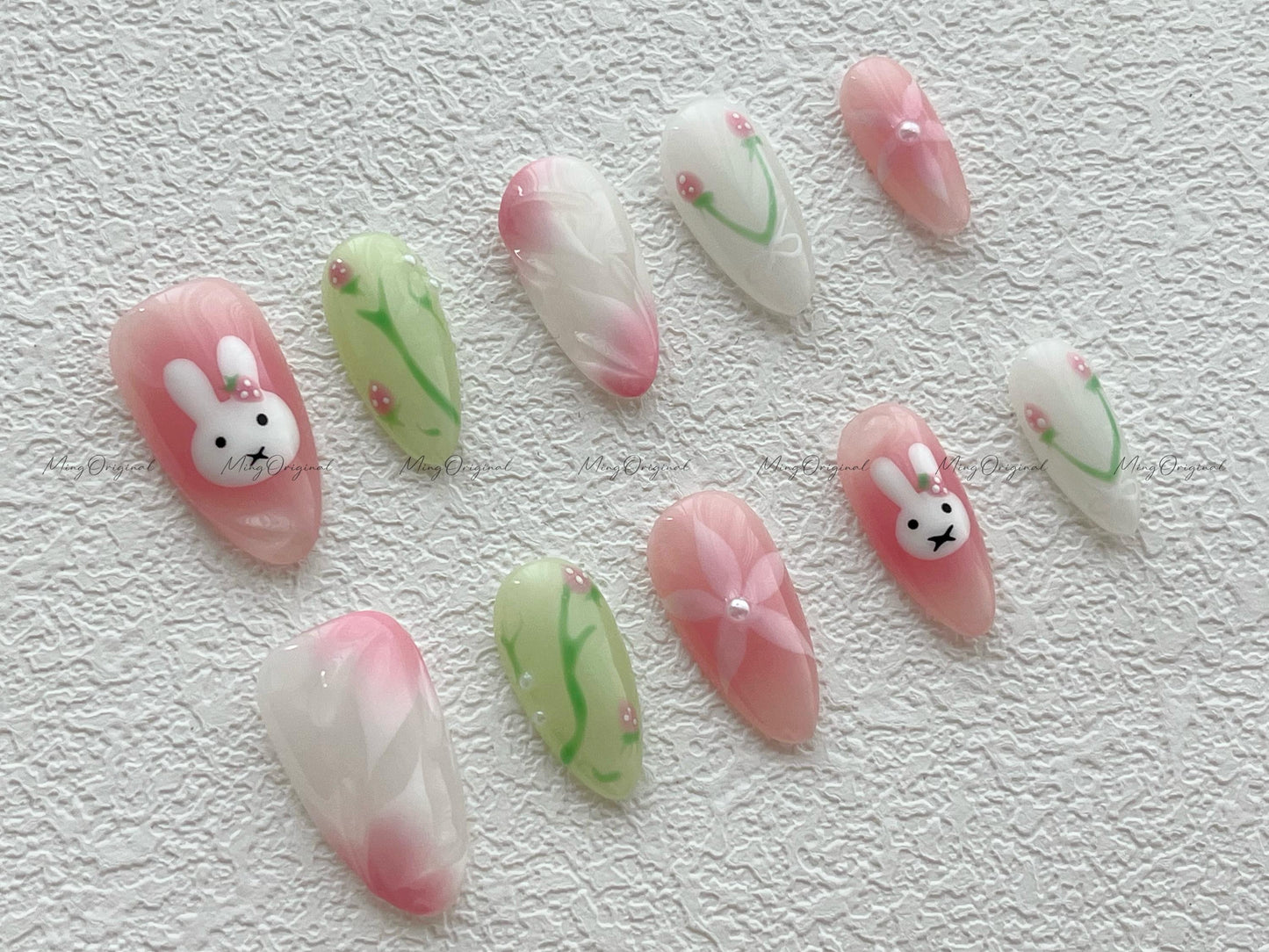 Cute bunny and flower press on nail, soft pastel milky green and pink color nail,  jelly fake nail, holiday birthday gift for her,MO507