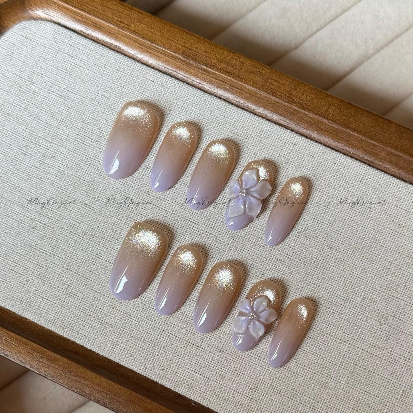 Purple Summer Flower 3D Nude Cat Eye press on nails, Fairycore Floral Nail, purple ombre airbrush tip,glittery shimmering,gift for her,MO535