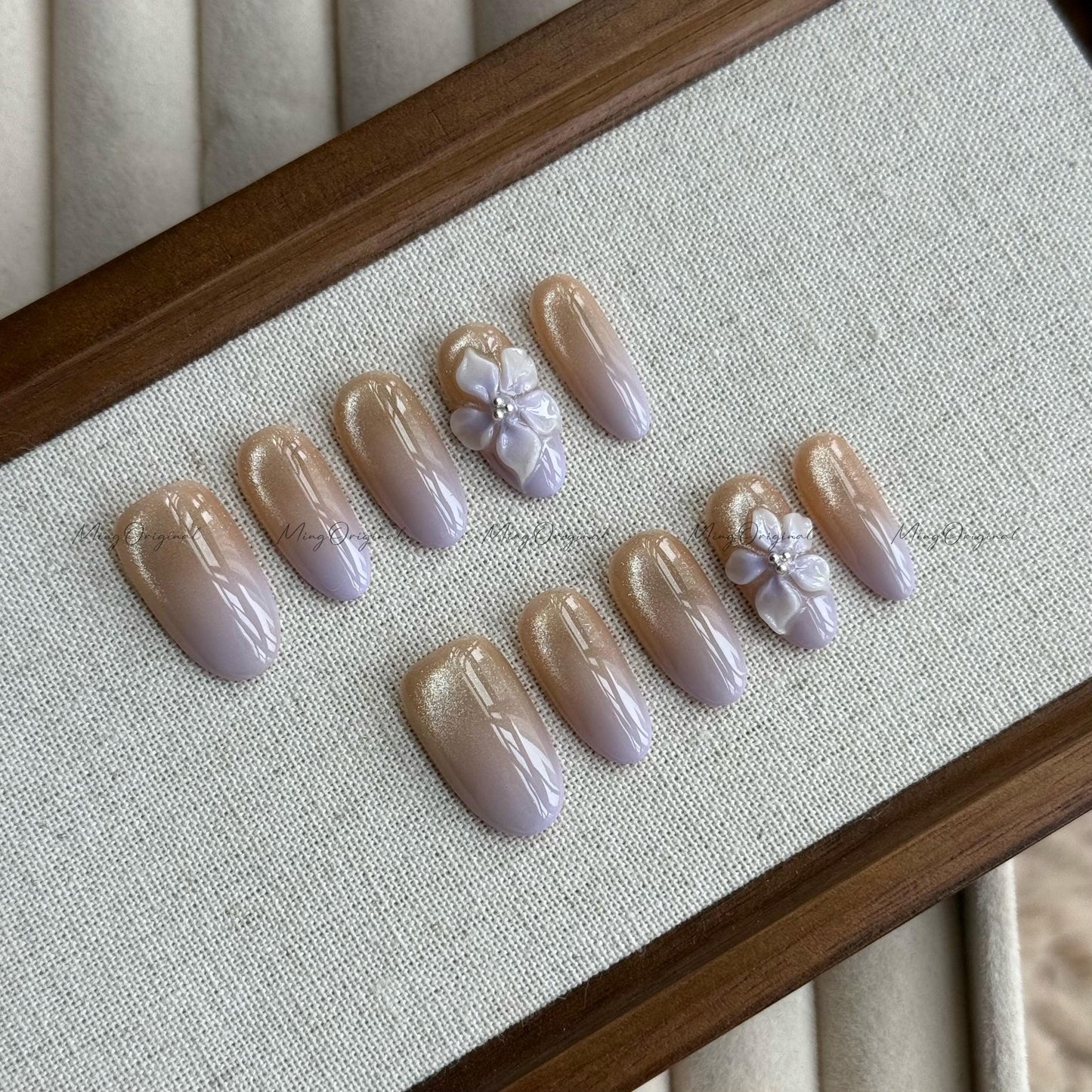 Purple Summer Flower 3D Nude Cat Eye press on nails, Fairycore Floral Nail, purple ombre airbrush tip,glittery shimmering,gift for her,MO535