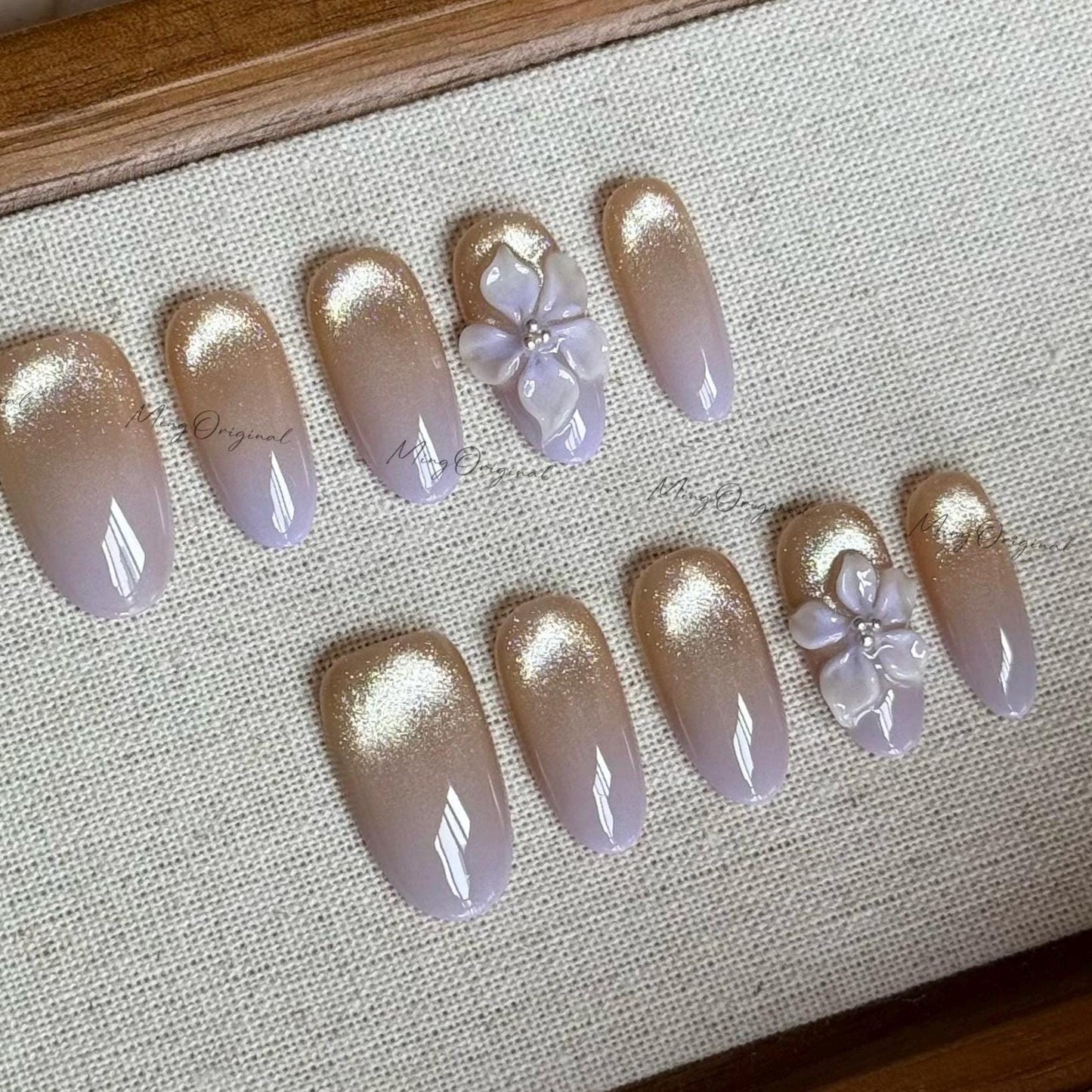 Purple Summer Flower 3D Nude Cat Eye press on nails, Fairycore Floral Nail, purple ombre airbrush tip,glittery shimmering,gift for her,MO535