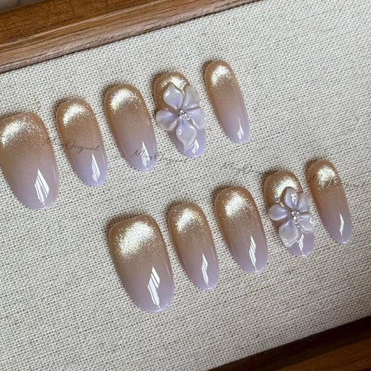 Purple Summer Flower 3D Nude Cat Eye press on nails, Fairycore Floral Nail, purple ombre airbrush tip,glittery shimmering,gift for her,MO535