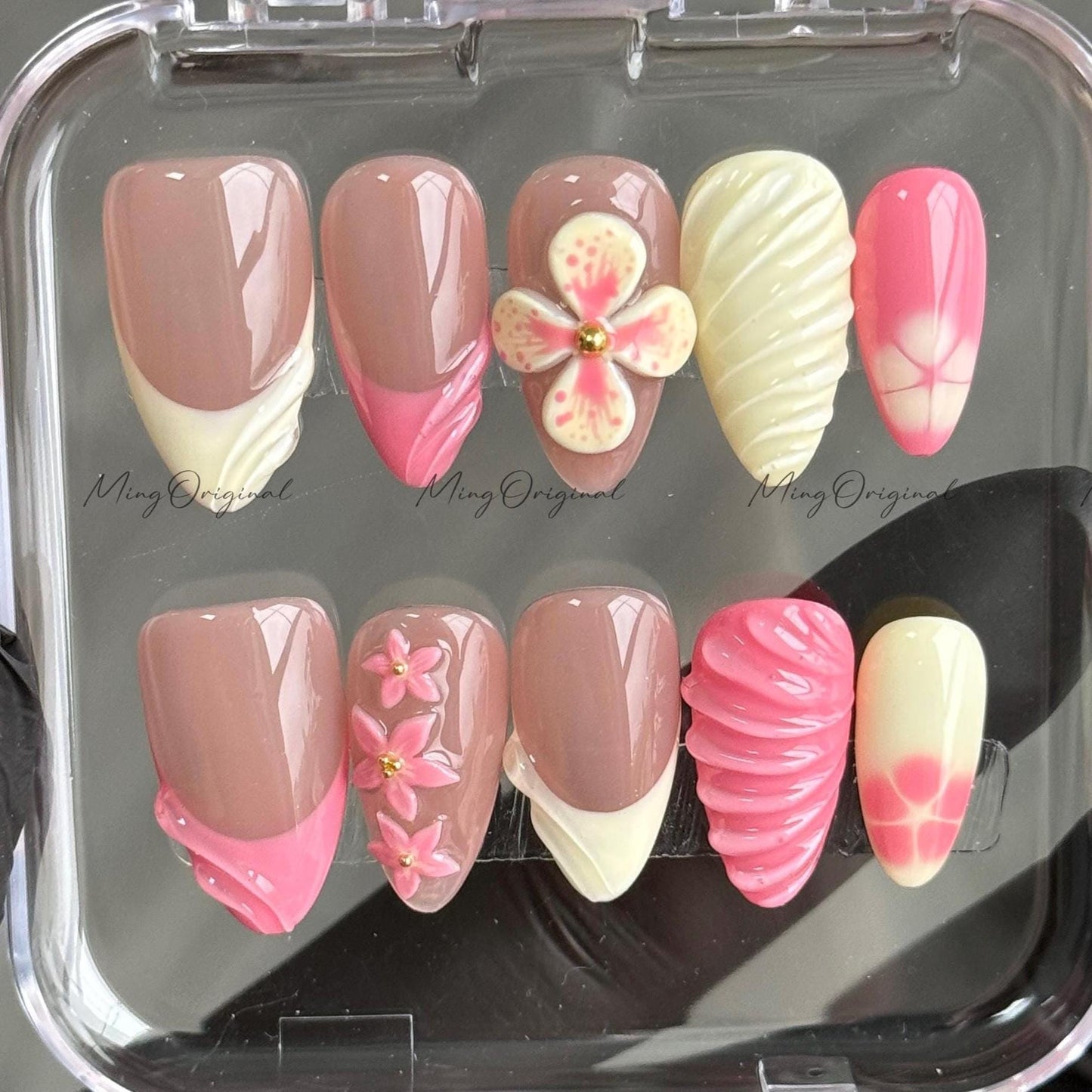 Yellow 3D Floral Press On Nails, soft yellow and pink, 3d swirls and French tip Handmade Beach-Inspired, vacation holiday gift for her,MO508