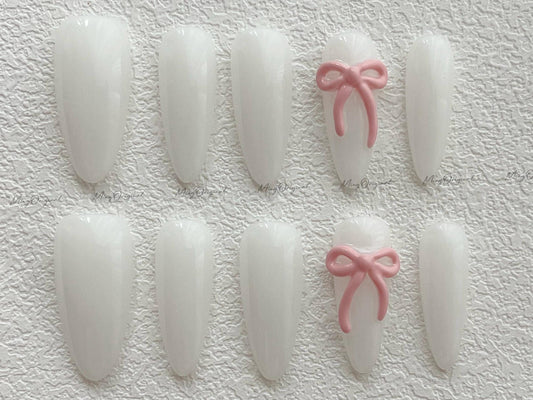 Minimalist cute ties 3d pink bow Press on Nails, milky white girly handmade Nails, glue on nail, everyday nail, birthday gift for her MO509