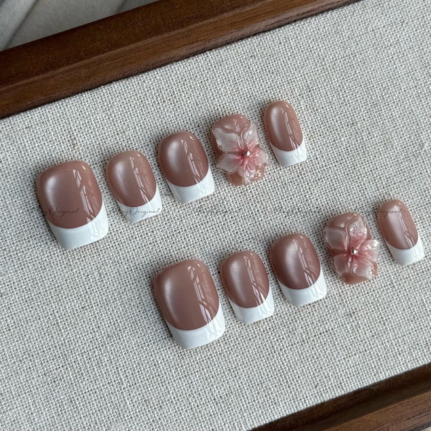 White French tip nude cateye press on nails, 3d double layered jelly flower Nails, classy nail design, birthday holiday gift for her MO536