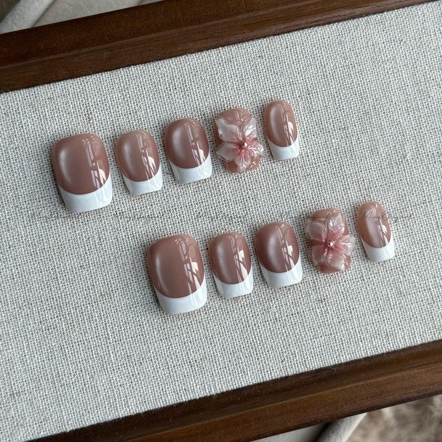 White French tip nude cateye press on nails, 3d double layered jelly flower Nails, classy nail design, birthday holiday gift for her MO536
