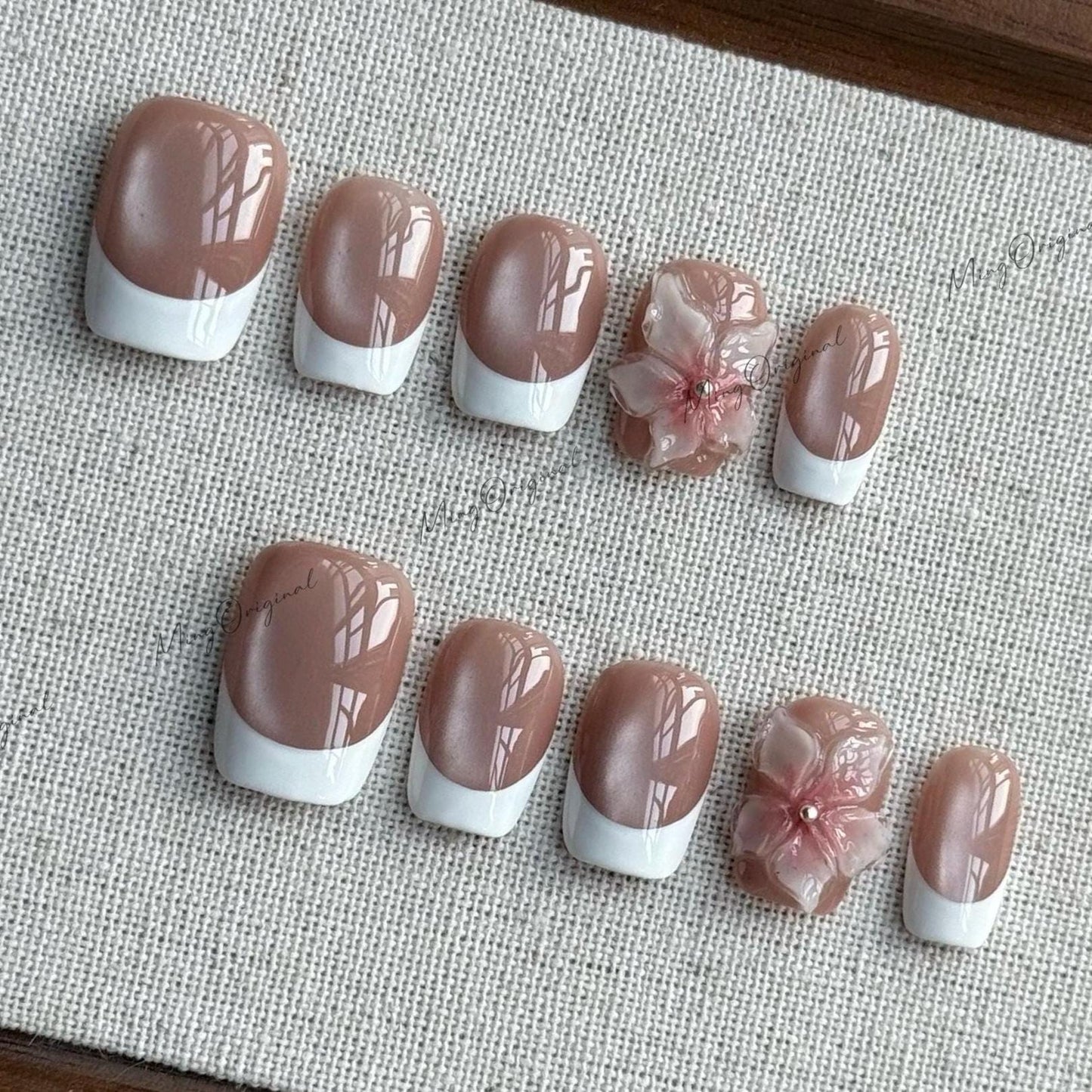 White French tip nude cateye press on nails, 3d double layered jelly flower Nails, classy nail design, birthday holiday gift for her MO536