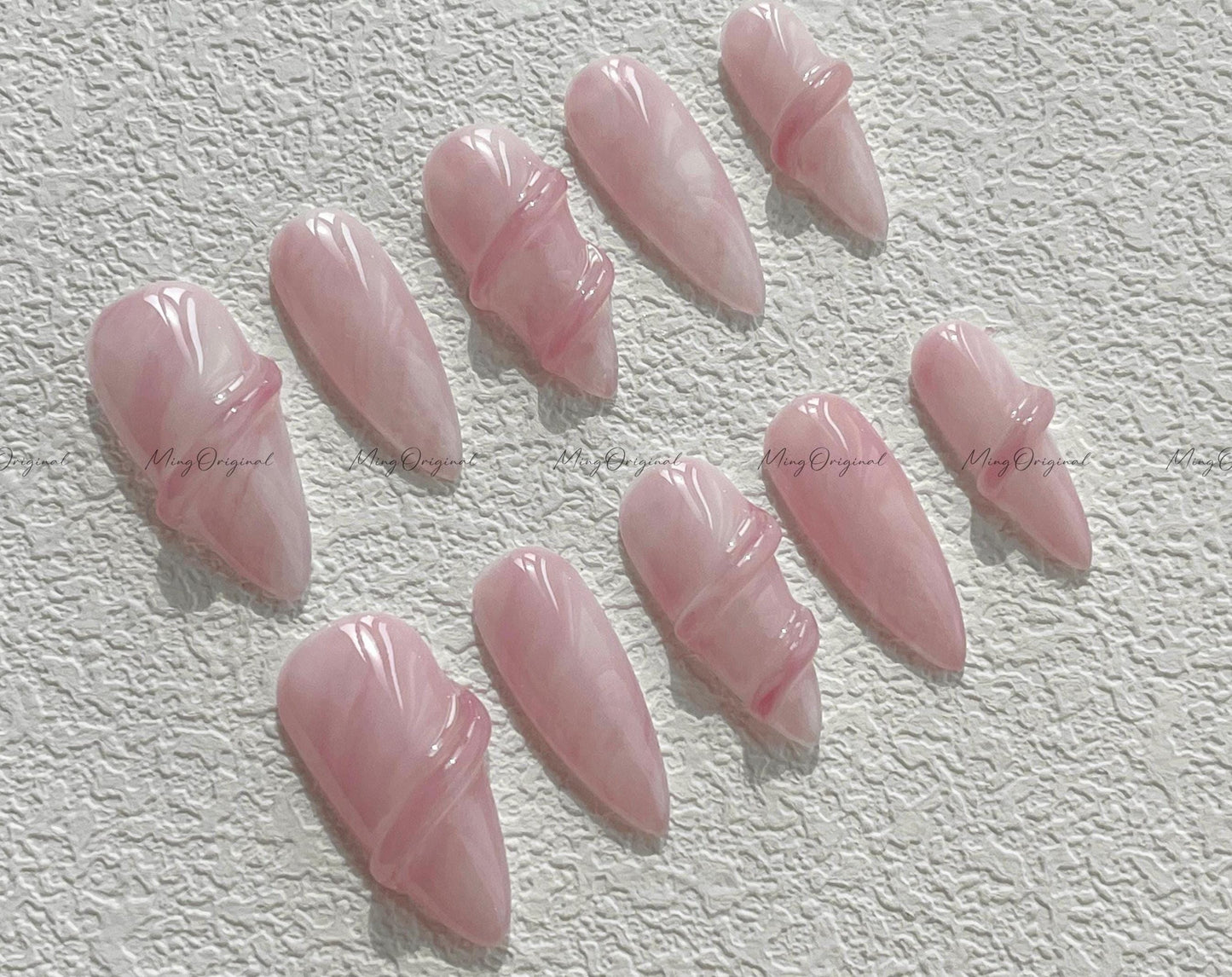 Da Rose quartz| 3D nail pink quartz white water blooming Press on Nails, luxury handmade Nails, Jelly Nails, gift for her, MO510