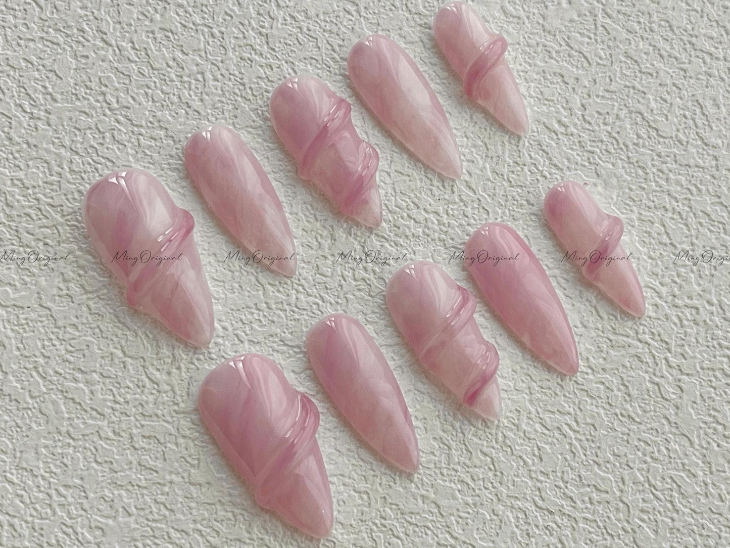 Da Rose quartz| 3D nail pink quartz white water blooming Press on Nails, luxury handmade Nails, Jelly Nails, gift for her, MO510