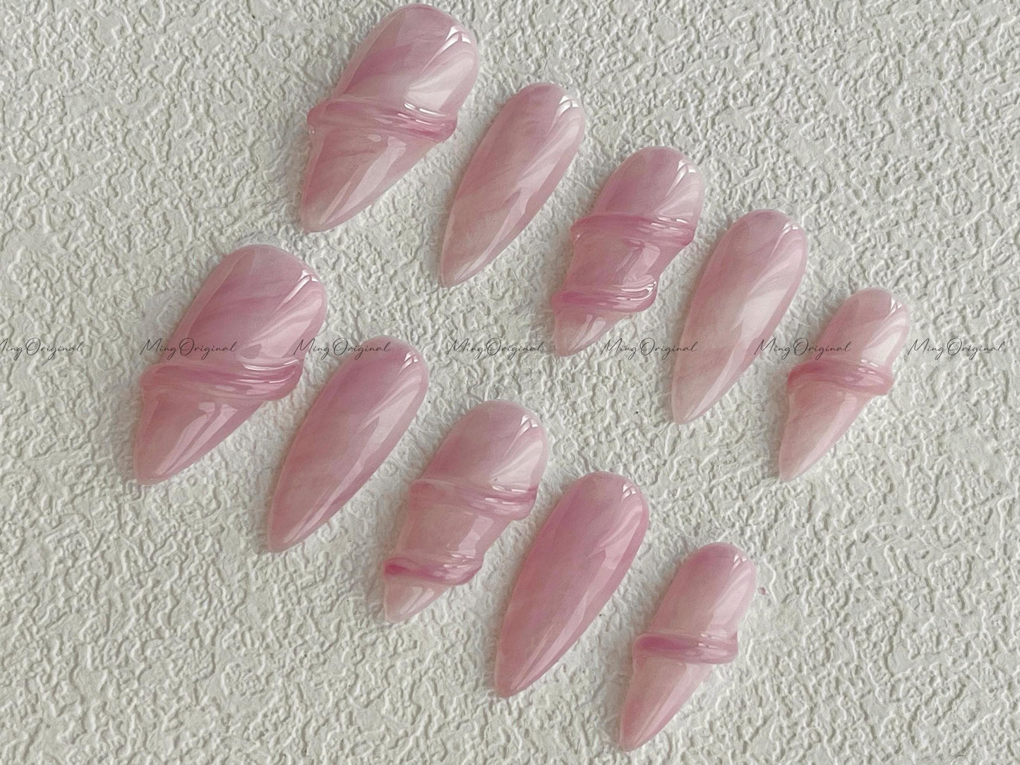Da Rose quartz| 3D nail pink quartz white water blooming Press on Nails, luxury handmade Nails, Jelly Nails, gift for her, MO510