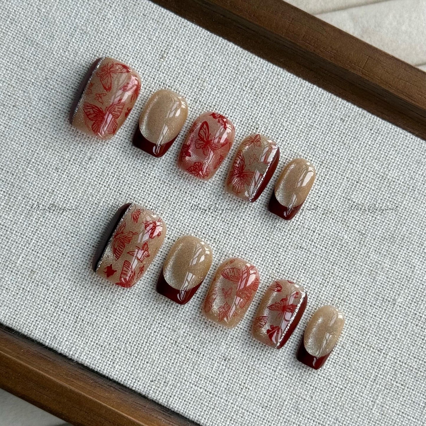 Free style Red butterfly Press on Nails, champagne cat eye nail, French tip, abstract detailed Jelly Nails, glue on nail, gift for her MO537