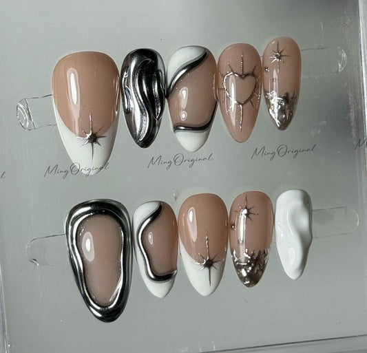 3D white and silver free style press on nails,metal chrome detail nail,heart and Star glue on nail, nude jelly fake nail,gift for her,MO512