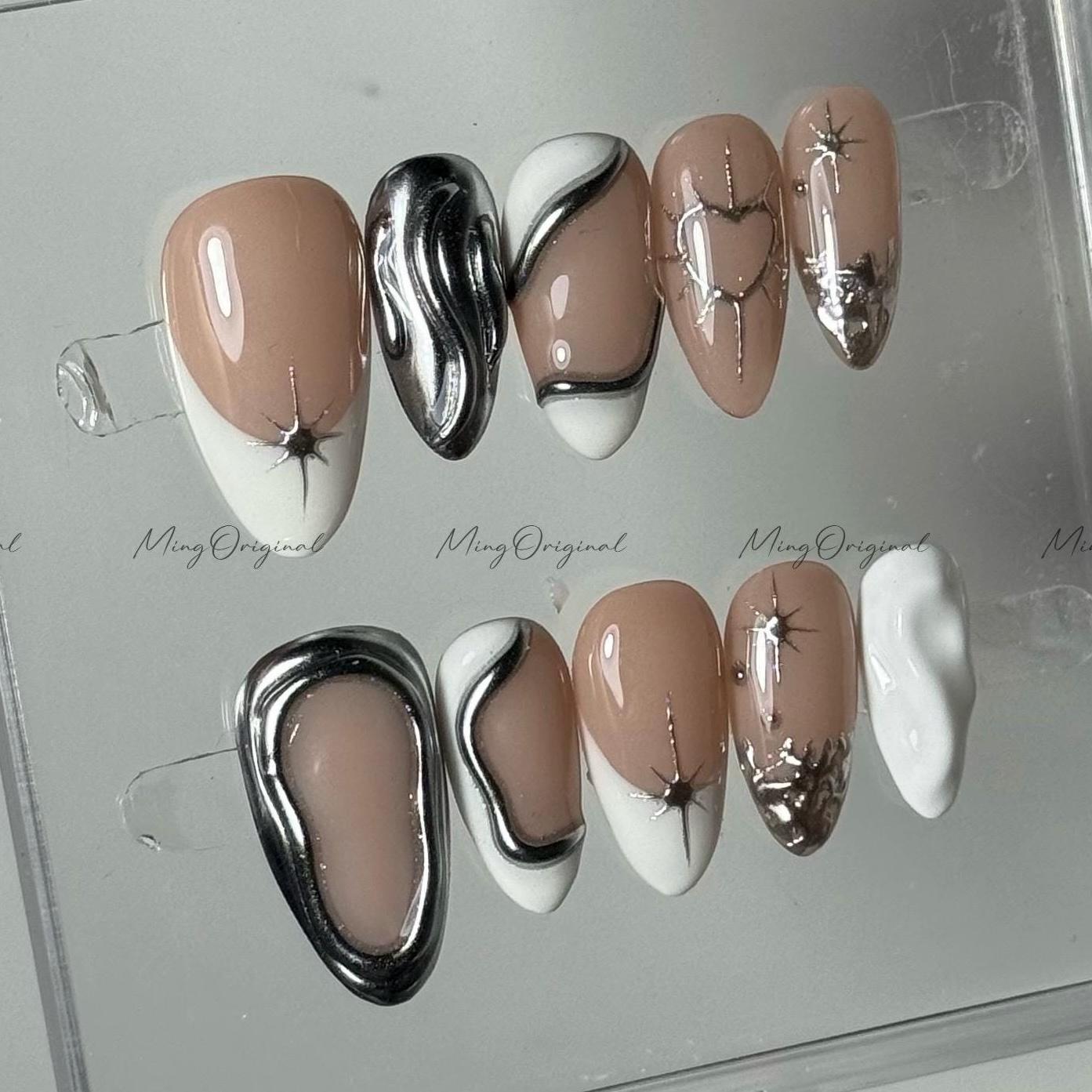 3D white and silver free style press on nails,metal chrome detail nail,heart and Star glue on nail, nude jelly fake nail,gift for her,MO512